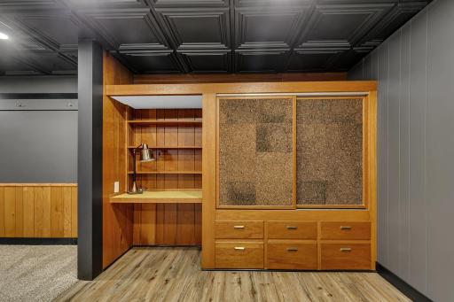 Built in shelving for decor and organization.