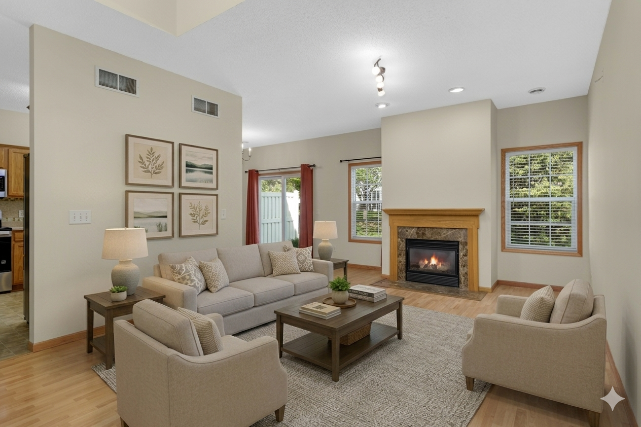 Spacious Living Room with Fireplace