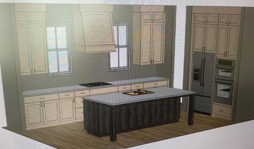 Artist rendering of the oversized quartz island with 3Â cm countertops, undermount sink, and stylish furniture-style legsâfunctional beauty at its finest.