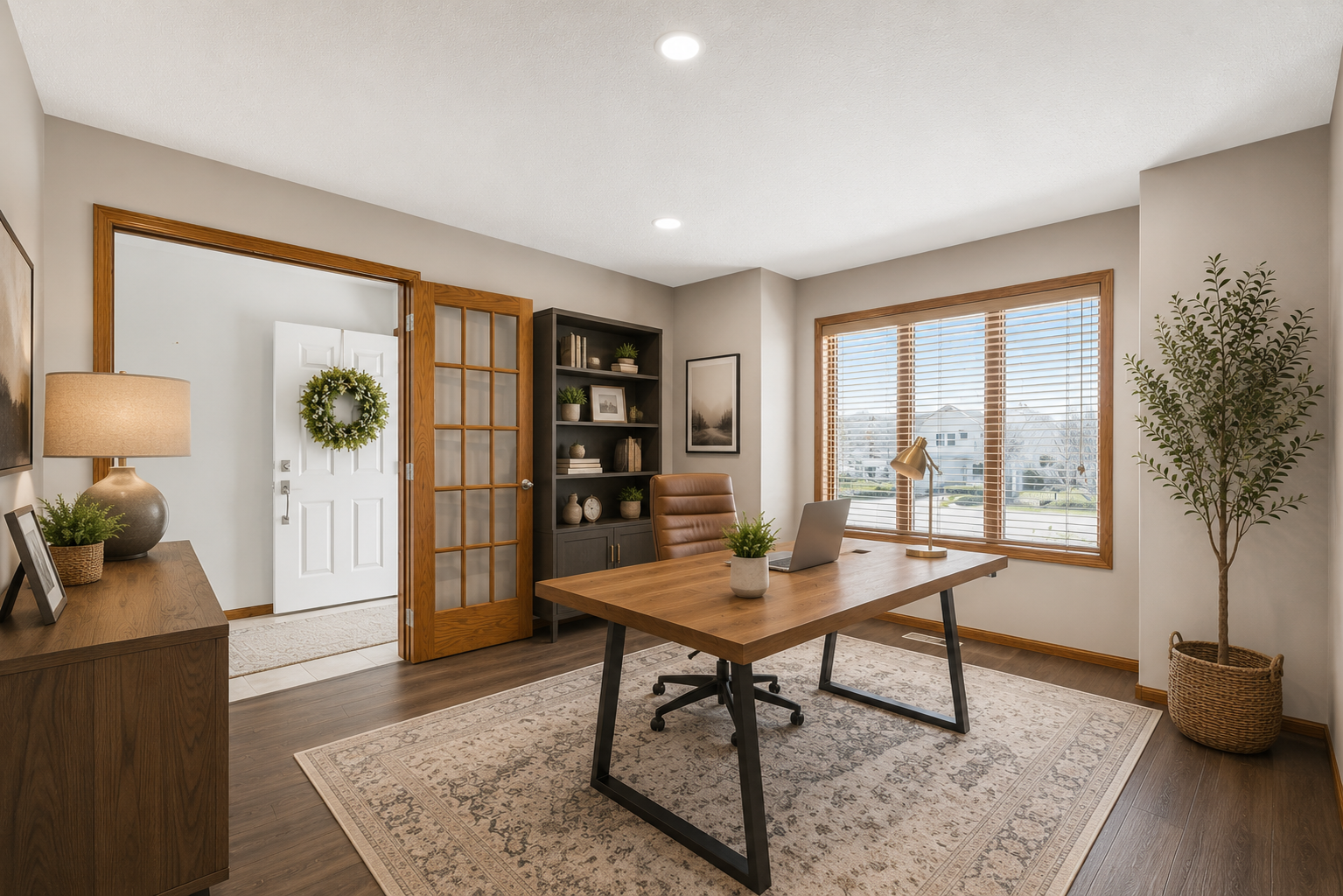 virtually staged front room as an office