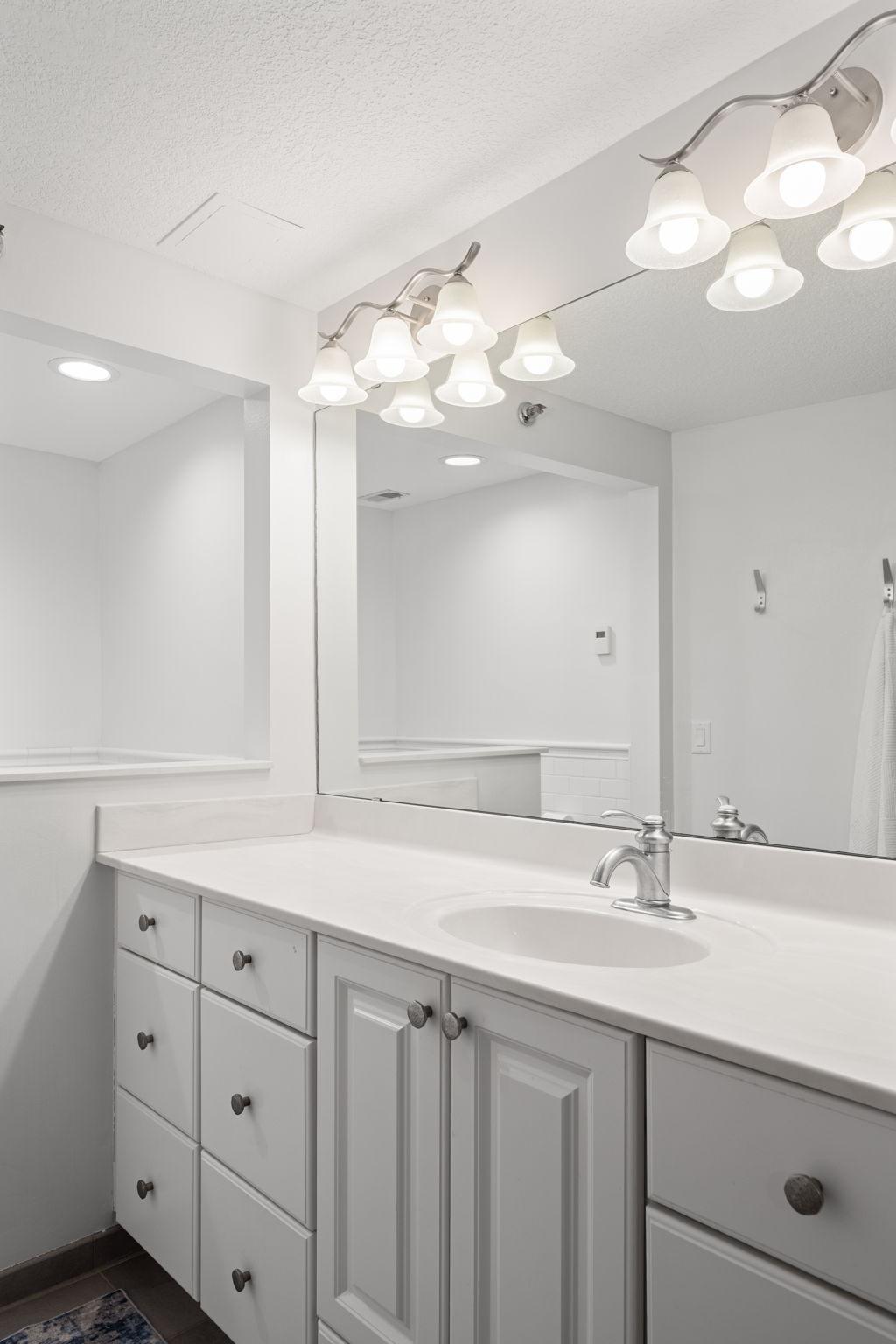Bright bathroom vanity with generous counter space, ample cabinet storage, large mirror, and updated lighting.