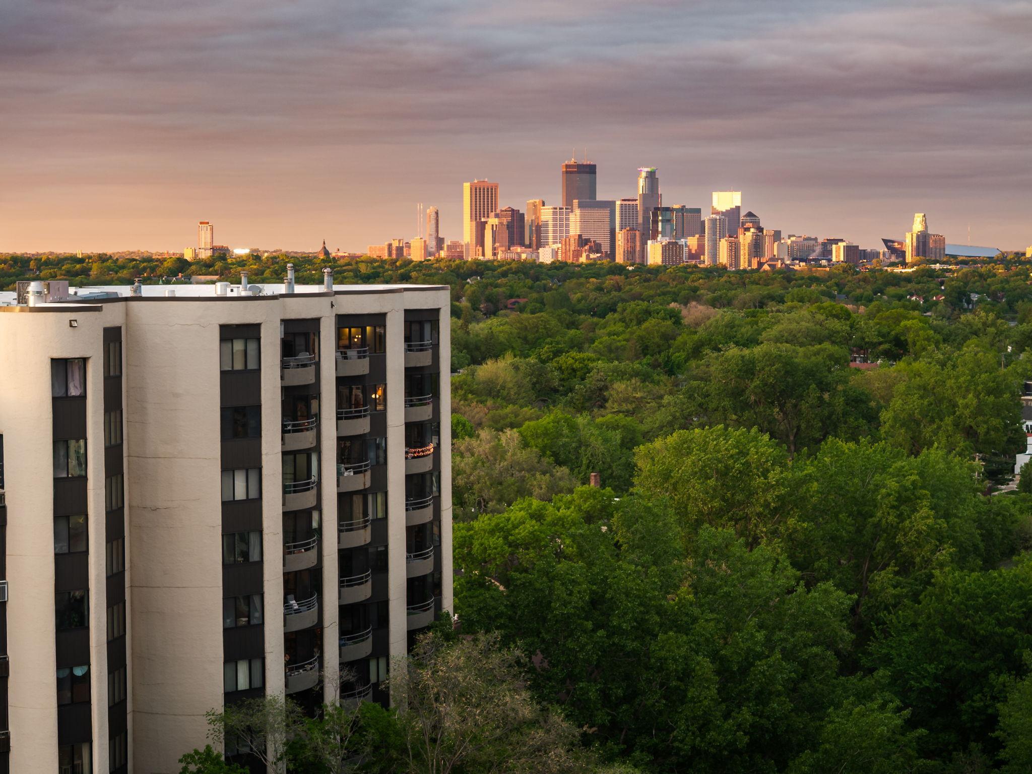 Minneapolis skyline views over lush treetops, capturing the beauty of city living near the lakes.