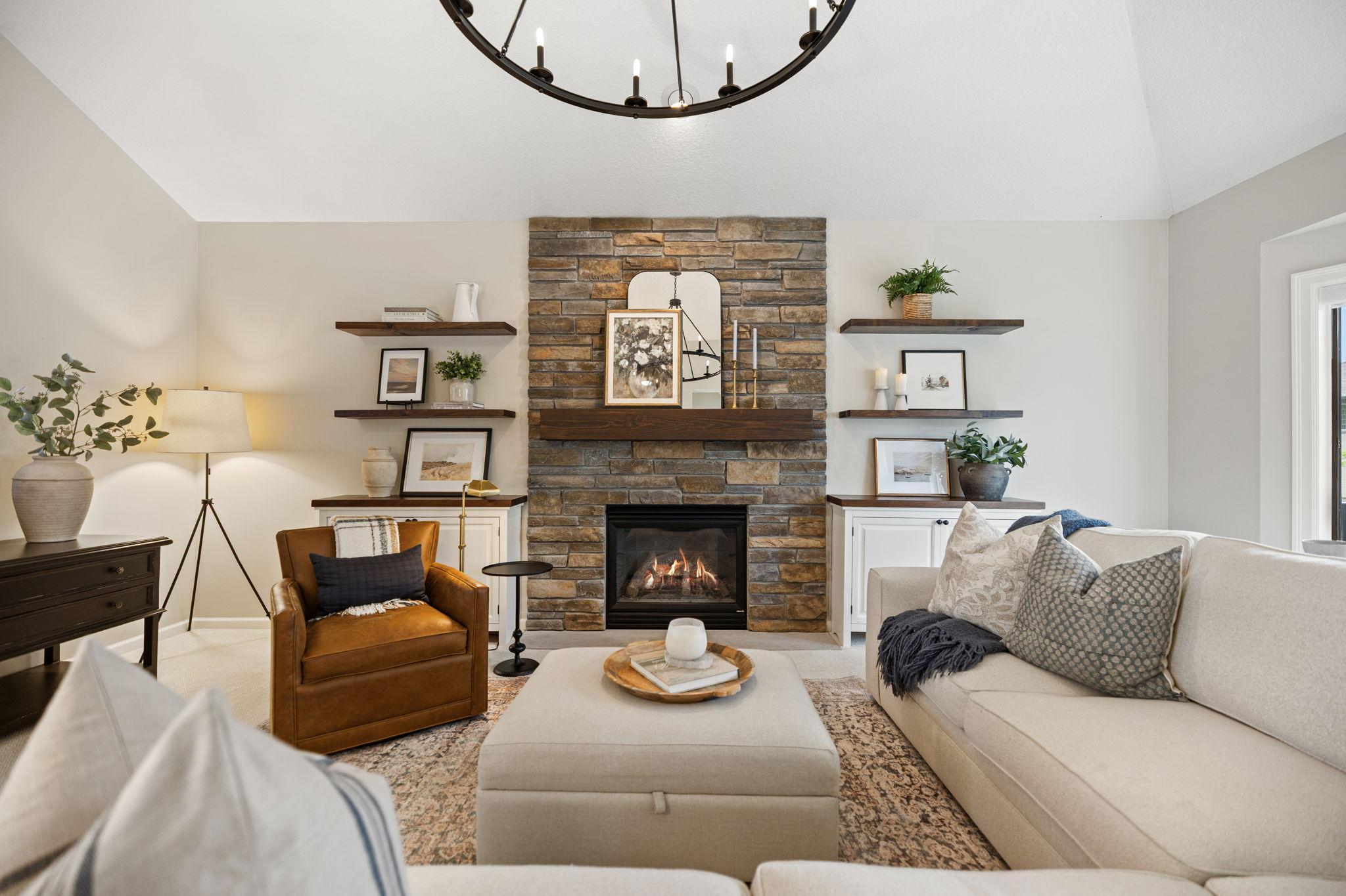 Vaulted living room with gas fireplace