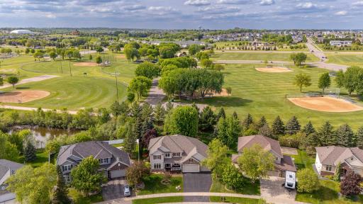 Aerial view of the house and the parks behind it.