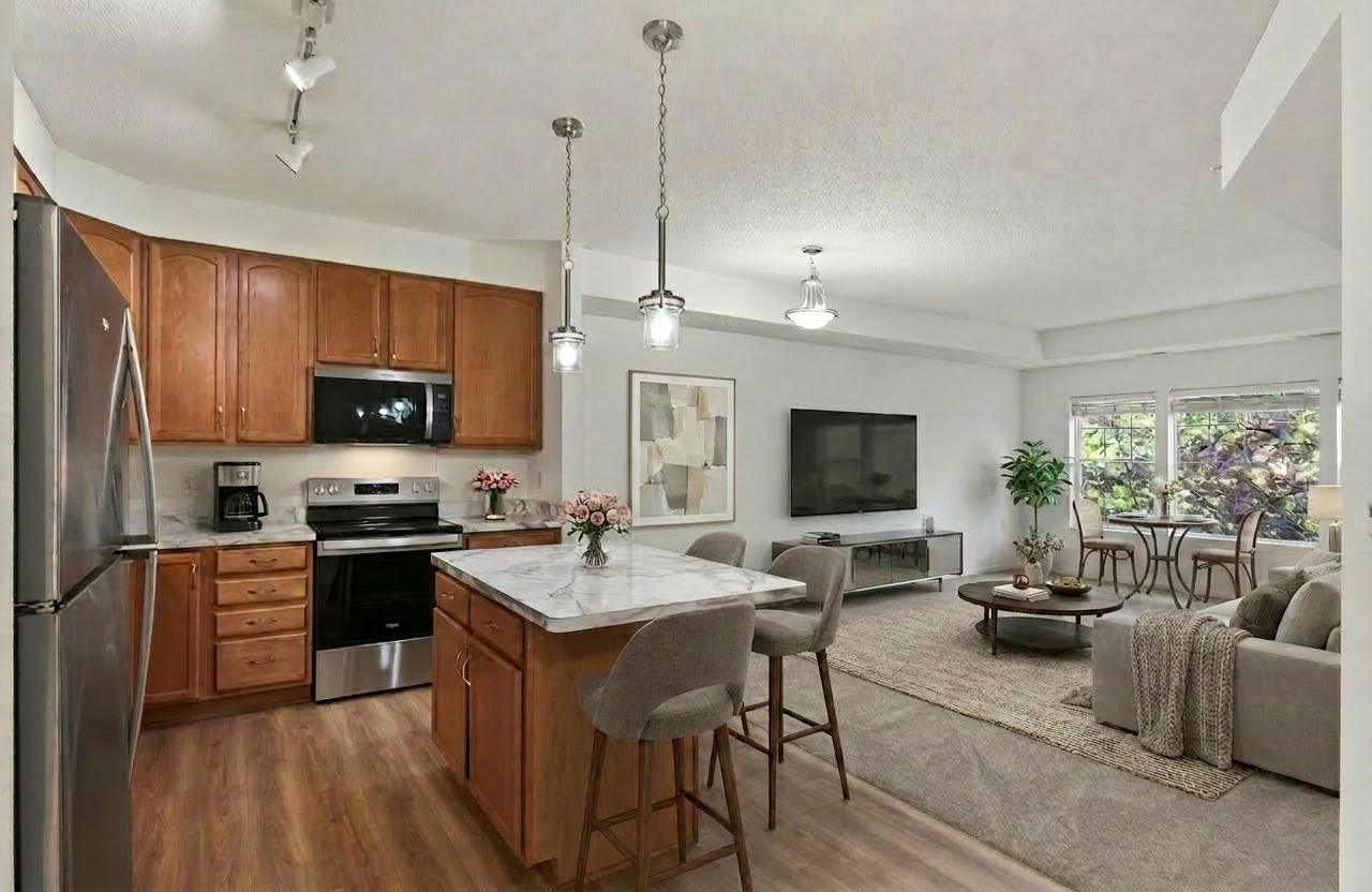Virtually stage kitchen and living room.