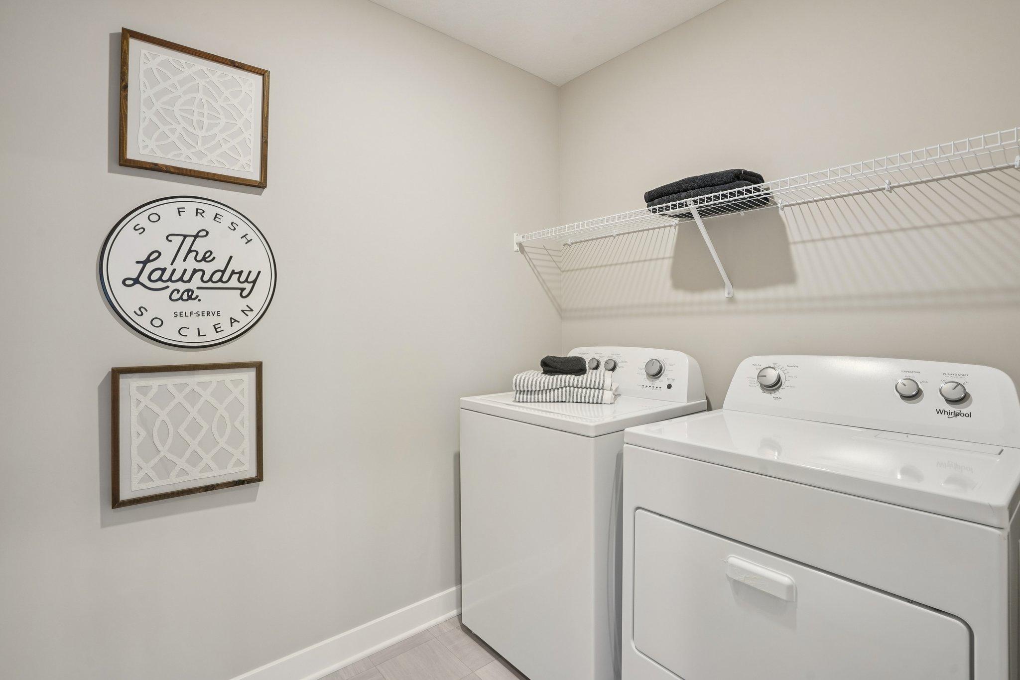No more lugging laundry up and down stairs with a conveniently located upstairs laundry room. (Photos of model. Colors and finishes may vary).