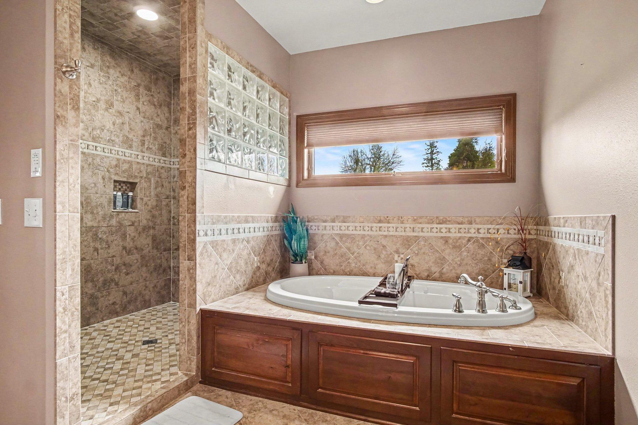 Walk in tile shower and tub