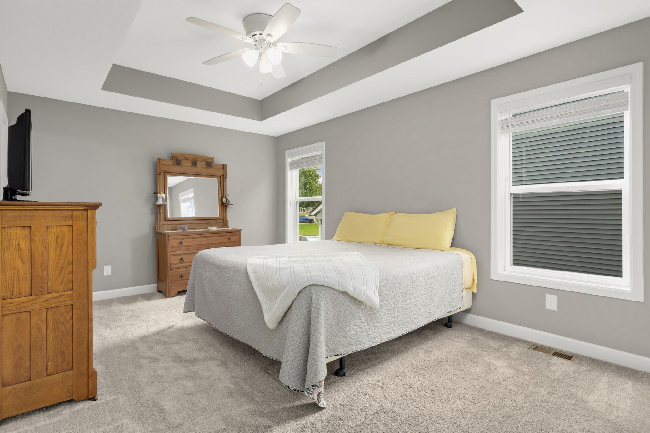 Just down the hall in the upper level is the owner's suite. Huge bedroom with tray vaulted ceiling, ceiling fan, large windows and private bath/walk-in closet.