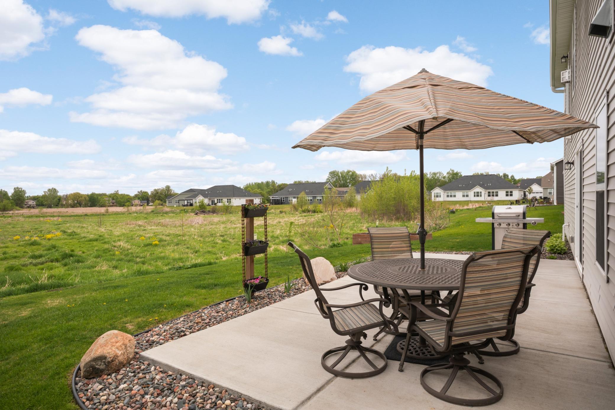 Nice patio space off the lower level walkout. Enjoy your view of the peaceful wetland.