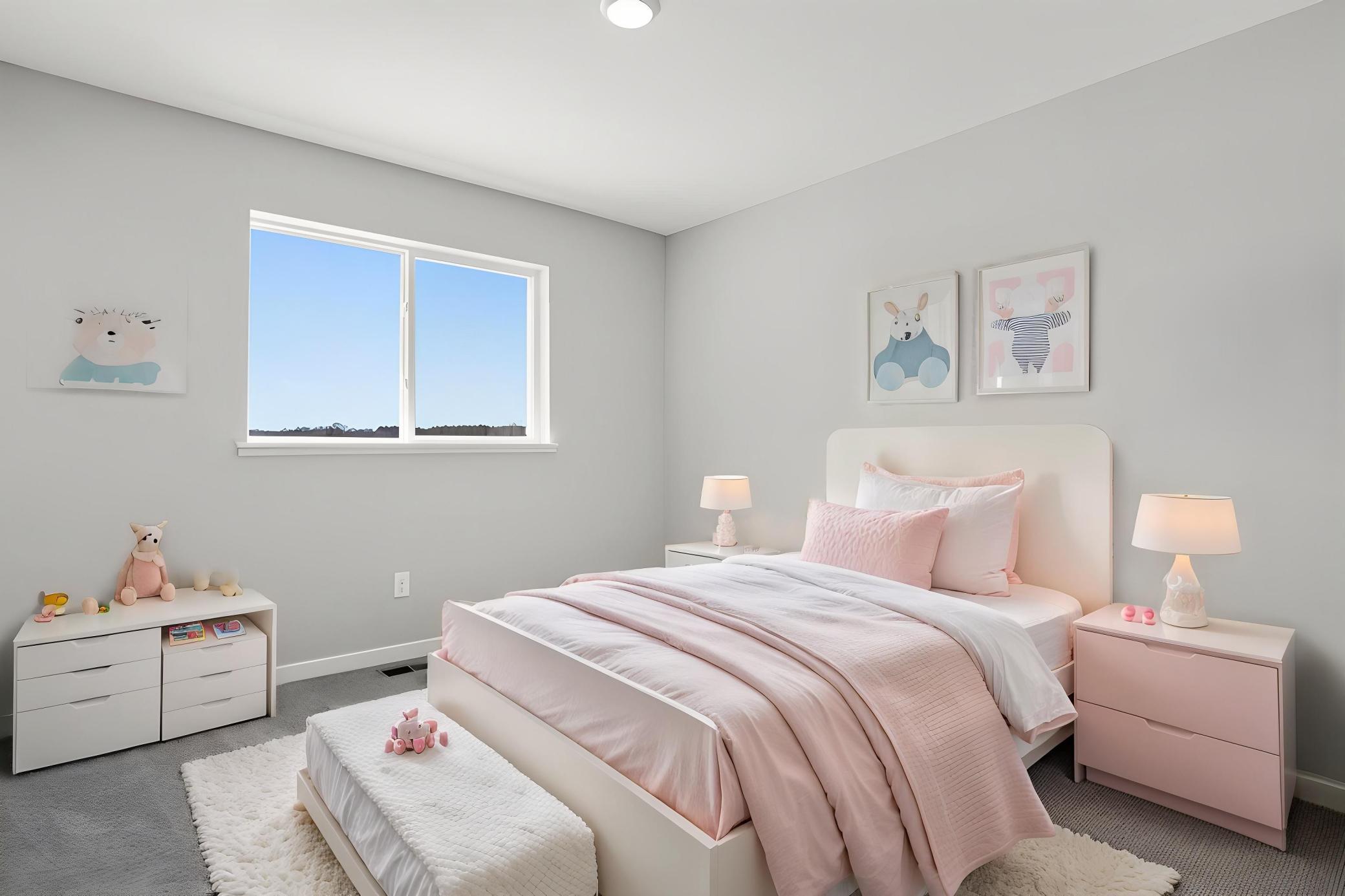 Bedroom 3, Virtually Staged. Photo taken of another home with similar plan and finishes. Photos and renderings may not depict actual plan, materials, & finishes may vary. All measurements are approximate.