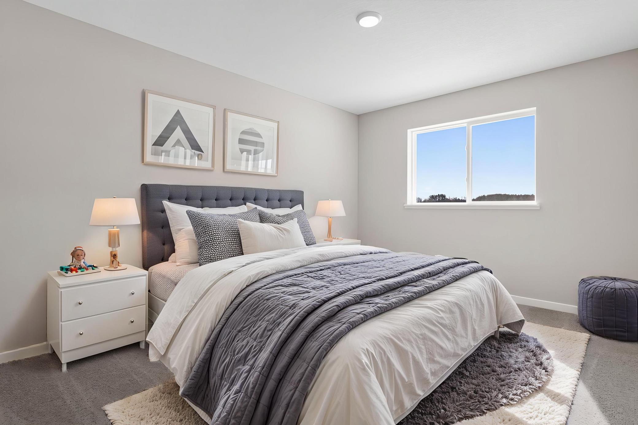 Bedroom 2, Virtually Staged. Photo taken of another home with similar plan and finishes. Photos and renderings may not depict actual plan, materials, & finishes may vary. All measurements are approximate.