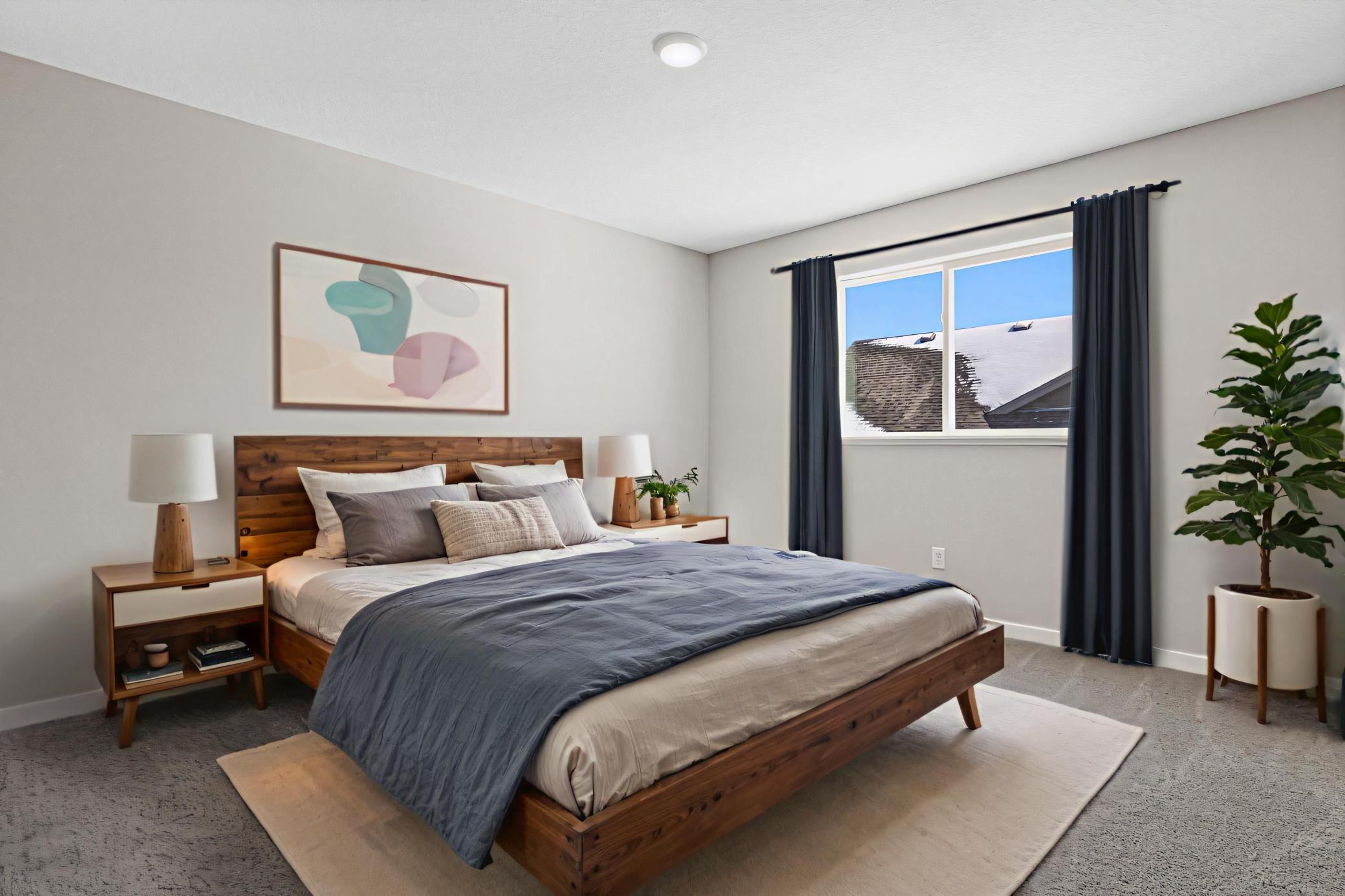 Primary Suite, Virtually Staged. Photo taken of another home with similar plan and finishes. Photos and renderings may not depict actual plan, materials, & finishes may vary. All measurements are approximate.