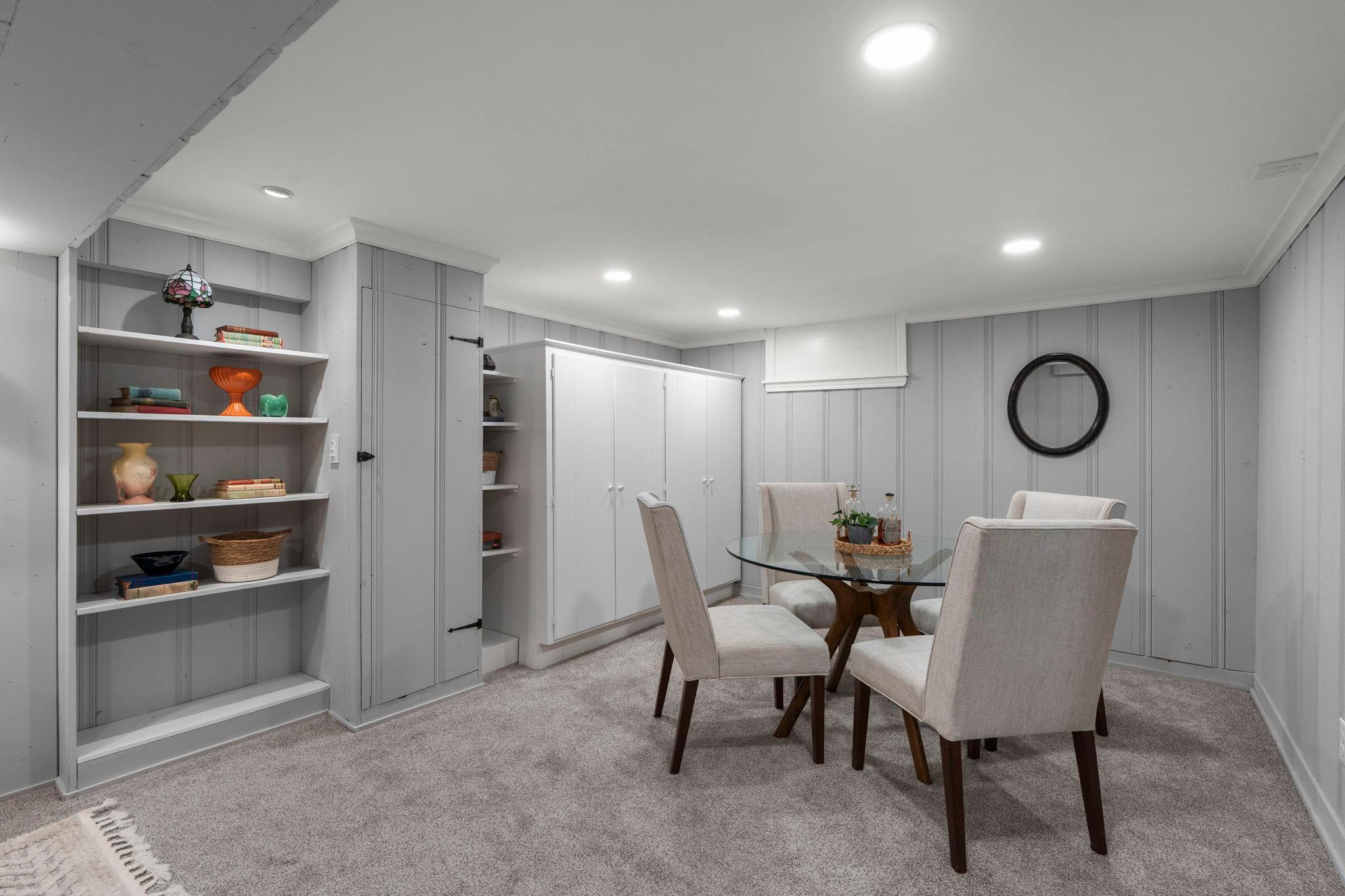 The built-in shelves and armoire provide room for displaying or storing your favorite things.