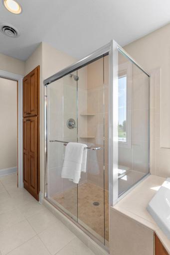A look at the primary suiteâs walk-in shower.
