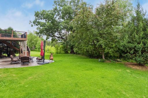 The lush backyard offers green space for pets and recreation.