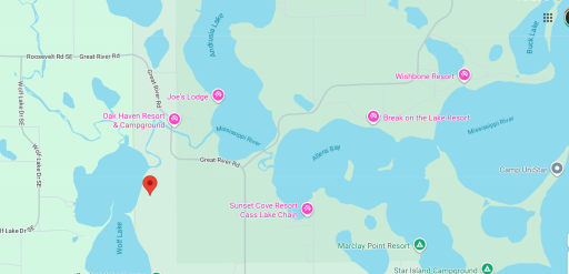 The red location marker shows where the home is located. Very close to the Mississippi river, which connects to Andrusia Lake