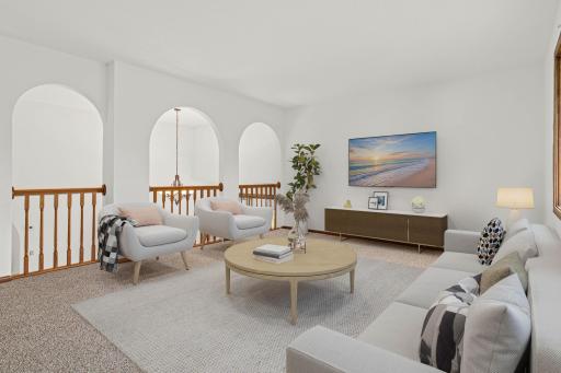 Virtually staged upper level living room.