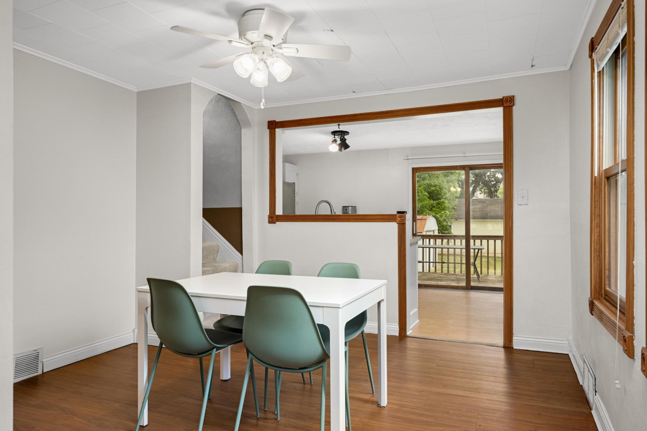 Open view from dining into kitchen