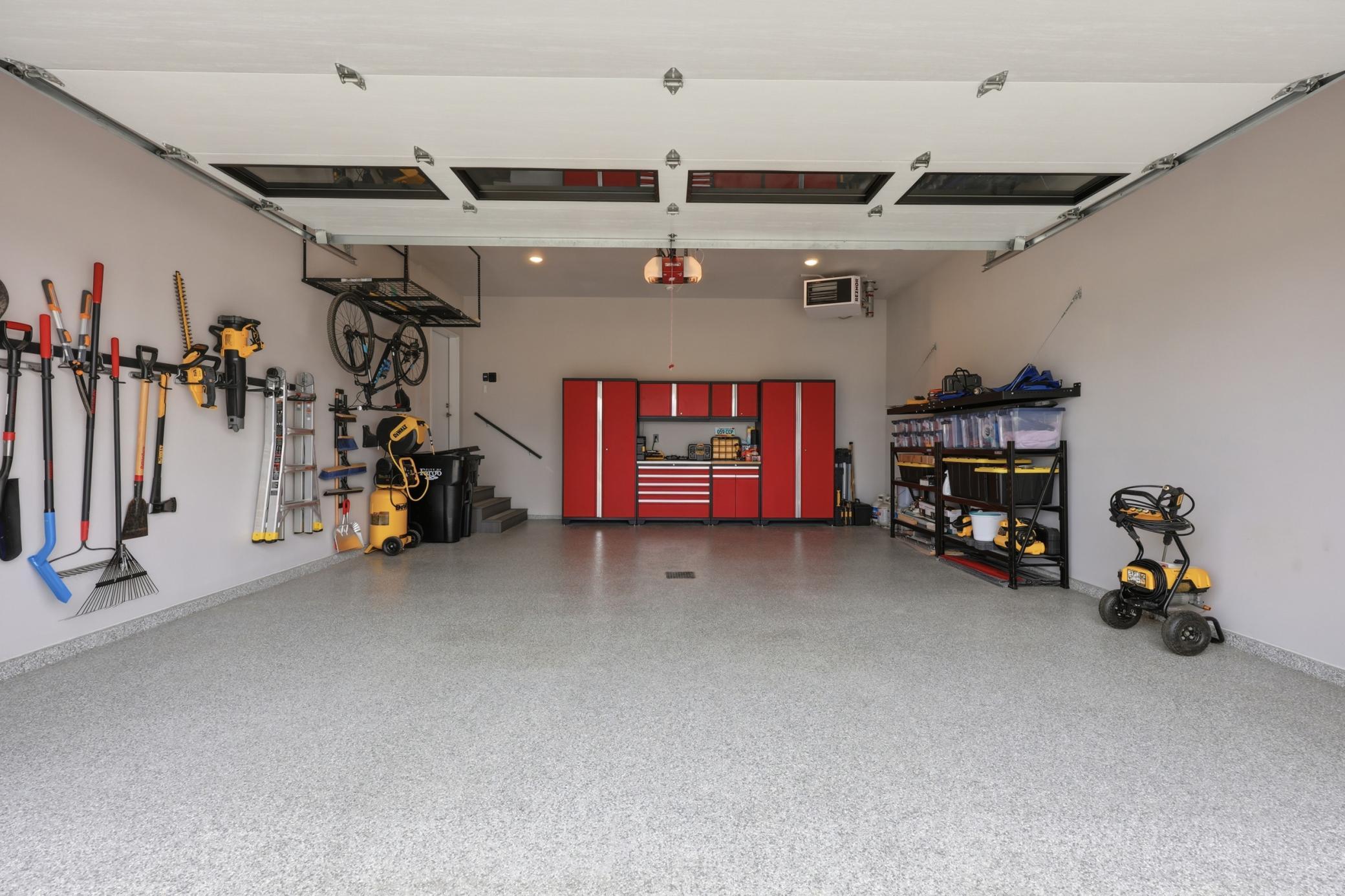 finished/heated garage, shelving included