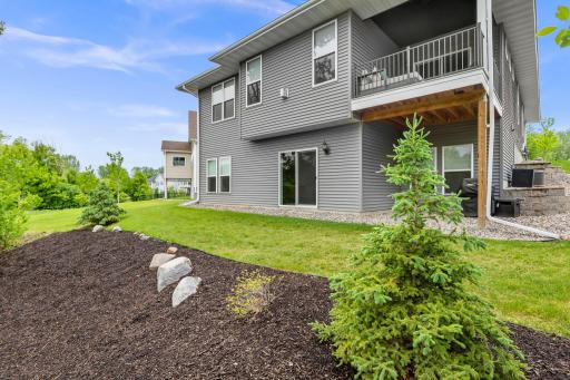 Deck overlooks the backyard with pine trees on either side