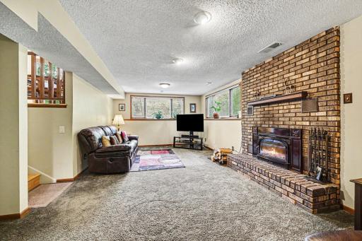 Lower level has nice look out windows with shades to darken the room to cozy up to the fireplace.