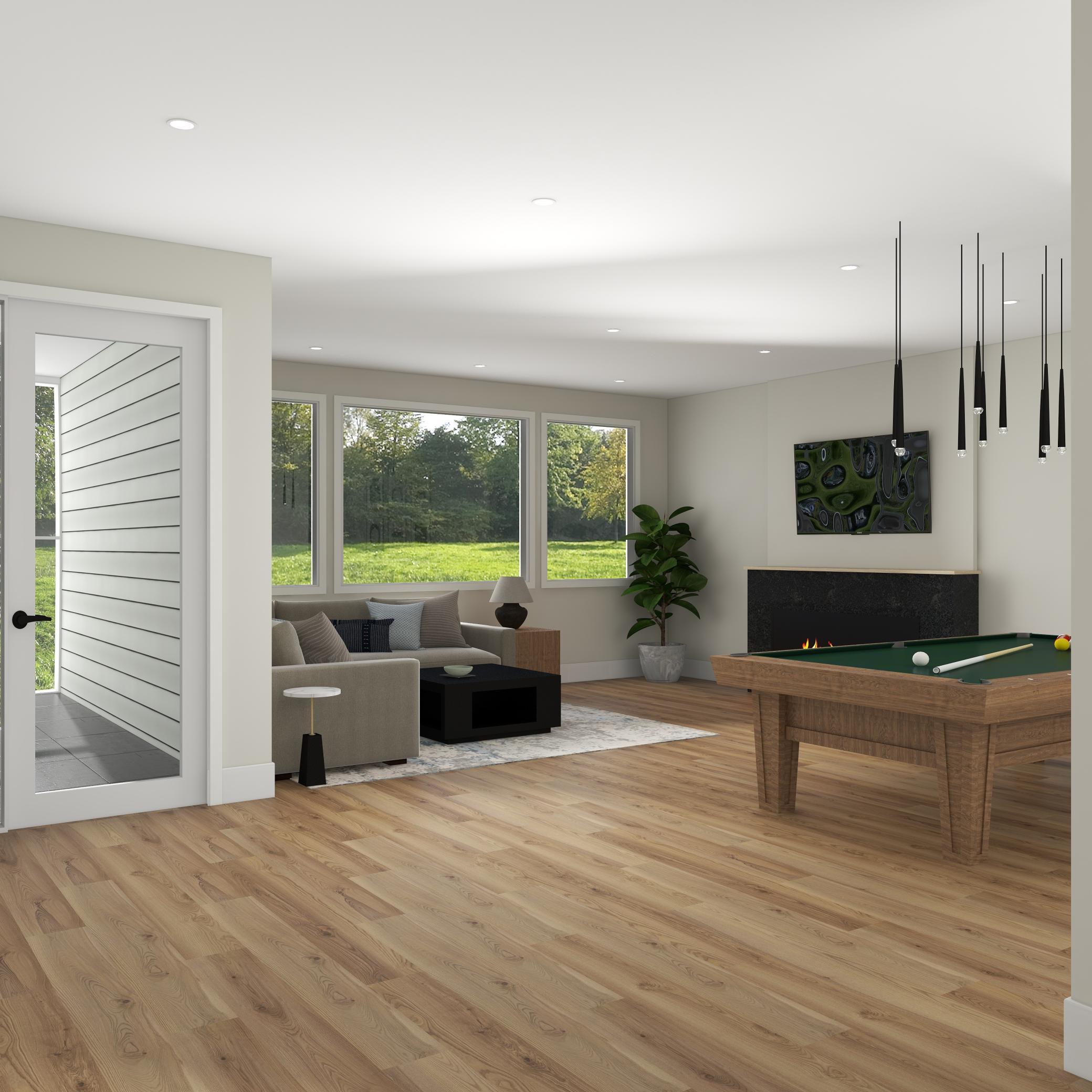 Spacious family room with large windows