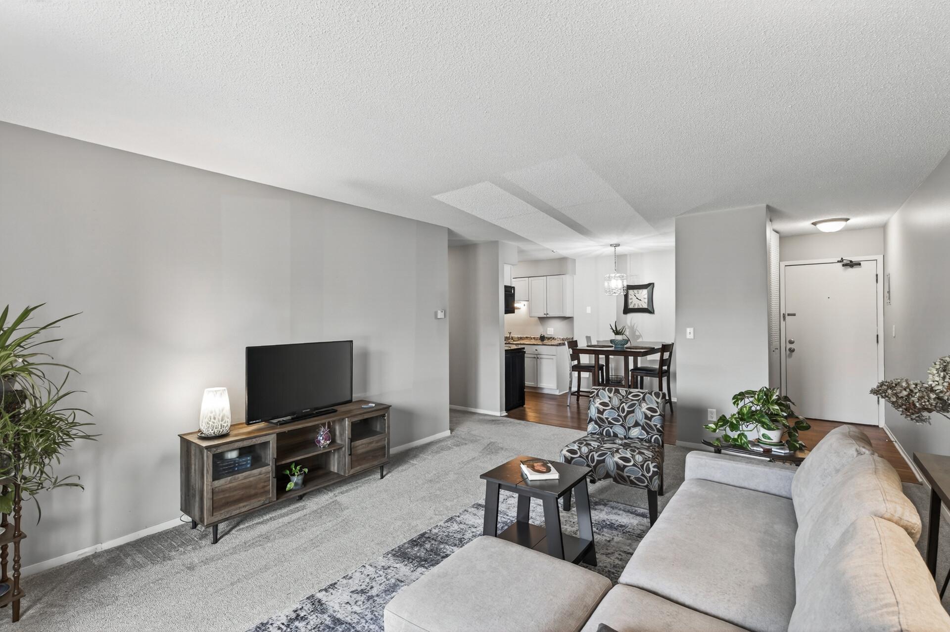 Large open living room with a walk-out patio perfect to let the dog out or be out on the grass.