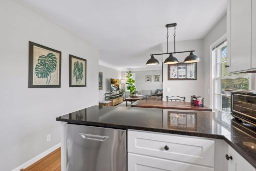 Kitchen opens into dining room and living room