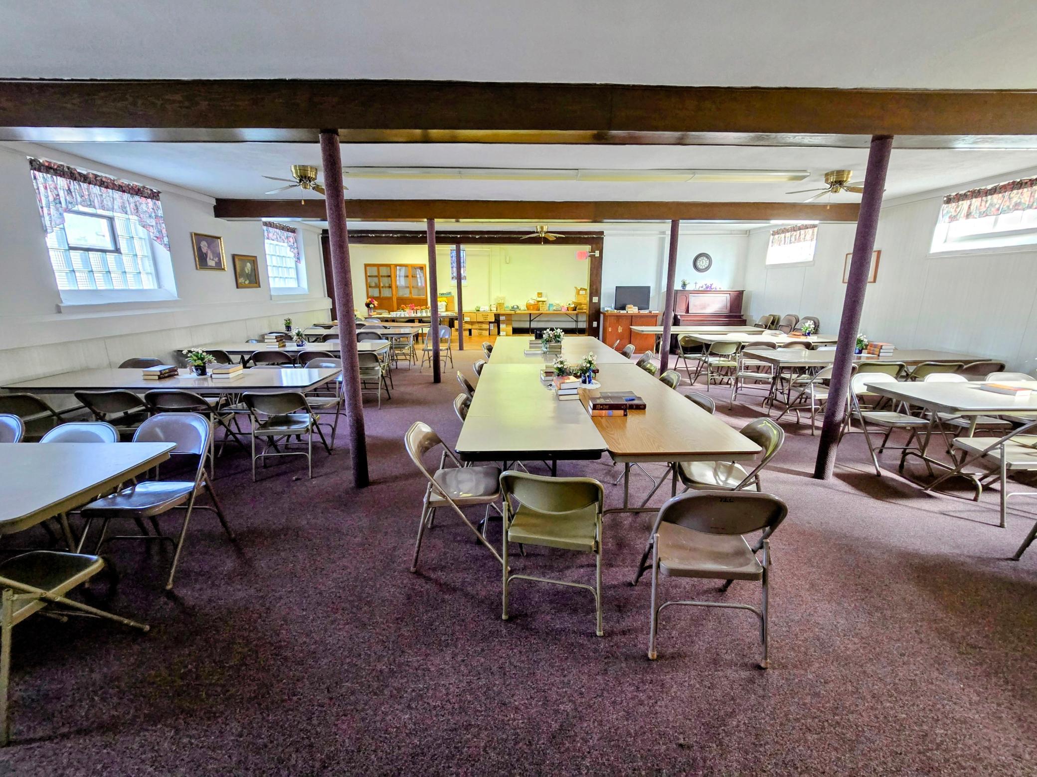“Spacious lower-level fellowship hall ideal for dinners, receptions, meetings, and community gatherings.”