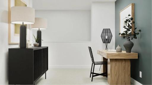 (Rendering, actual home's finishes will vary.) The loft is furnished here with a desk for studying, schoolwork and work sessions