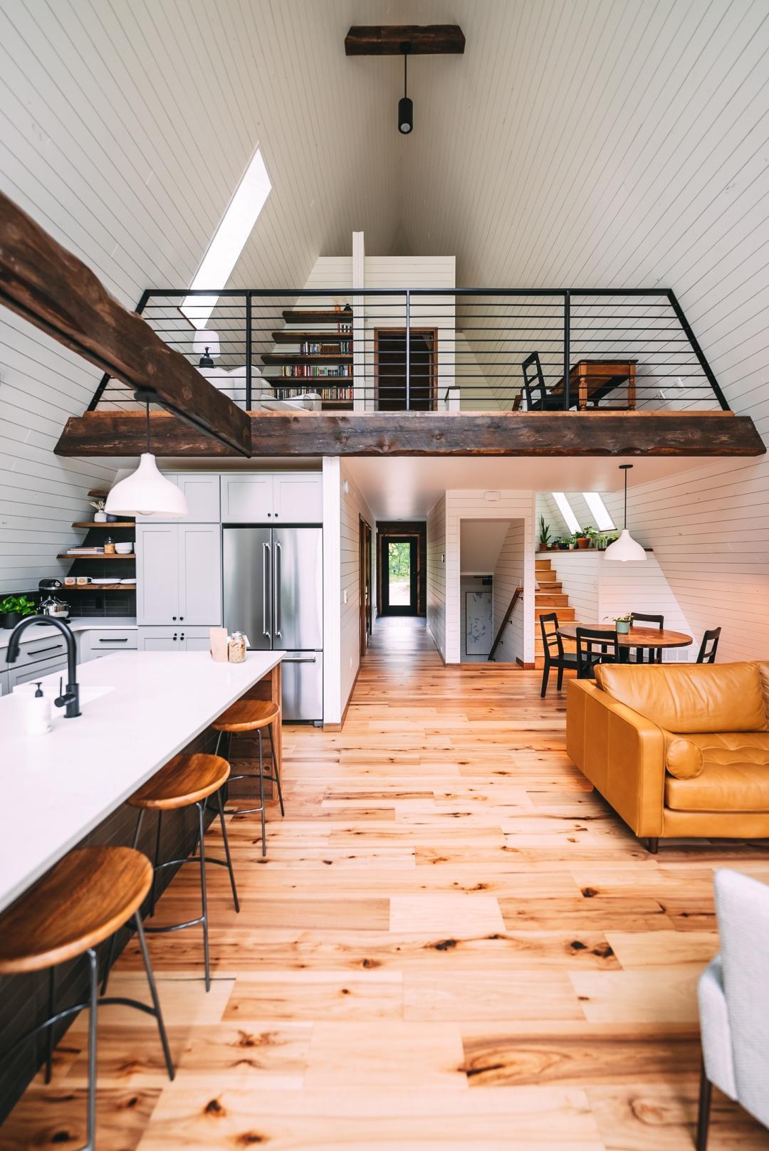 A-frame living/loft/kitchen