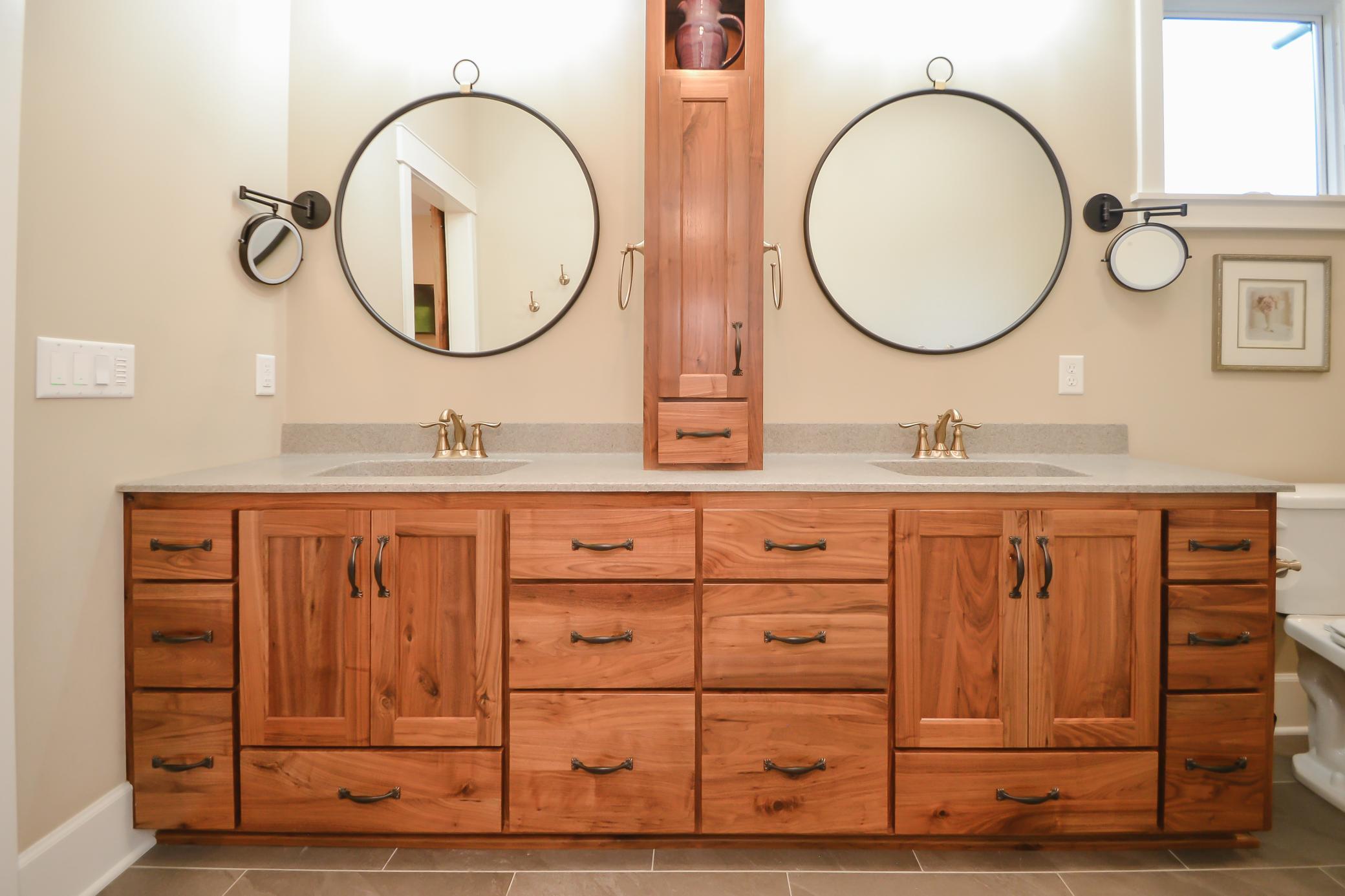Dual sinks, champagne gold faucets