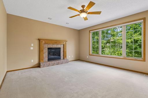 Gas fireplace and large windows overlooking pond
