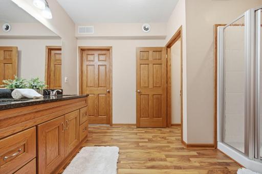The lower-level 3/4 bath offers both style and functionality, featuring dual sinks, granite countertops, a walk-in shower, and a separate private toilet area.