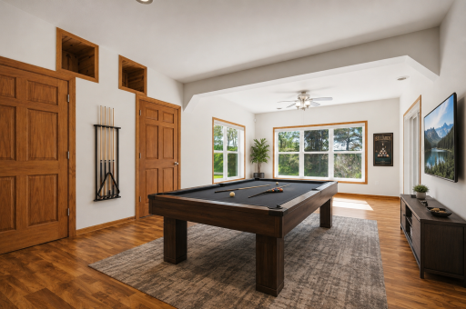This virtual depiction highlights how the lower level could accommodate a pool table, offering an appealing setting for recreation and gatherings.