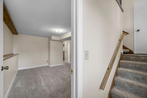 Versatile lower-level living space with plush carpeting and easy stair accessâperfect for a cozy family room, home office, or guest retreat.