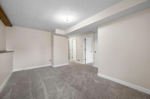 Spacious lower-level area with fresh carpeting and neutral finishes.