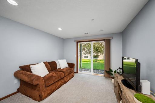 Lower level walk out family room is a fantastic space to watch movies and play games.