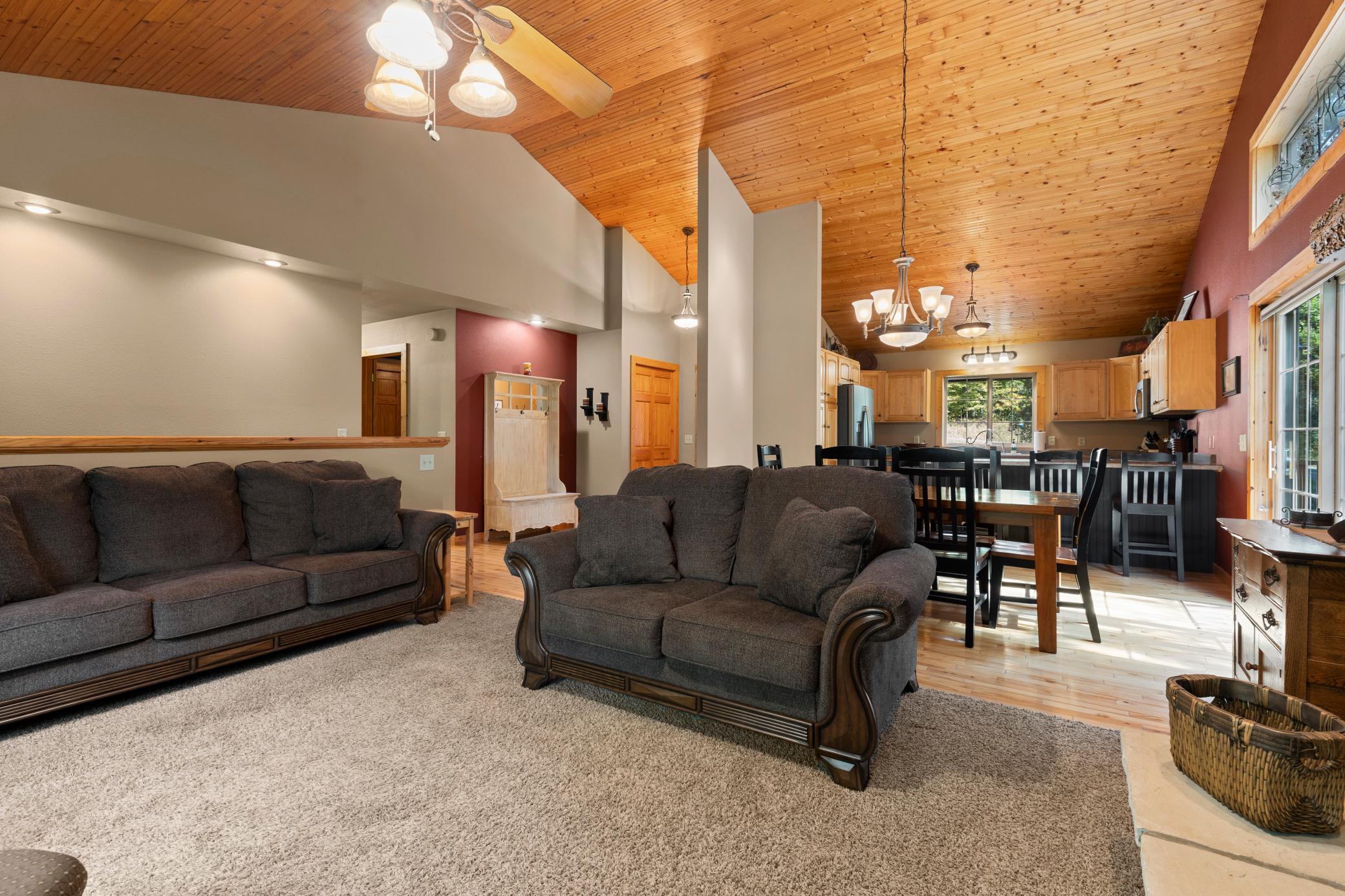 Living Room- gorgeous vaulted ceiling with pine T&G!