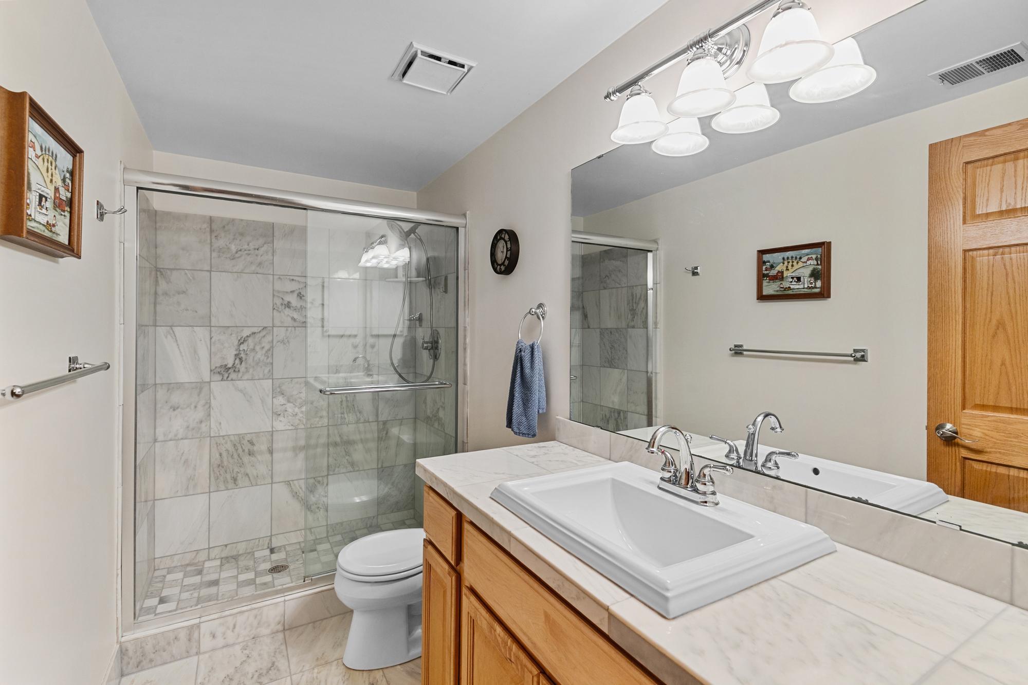 Beautiful Marble tiles grace the surfaces of the lower level 3/4 bath.