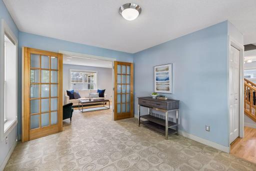 French doors open the main floor family room.