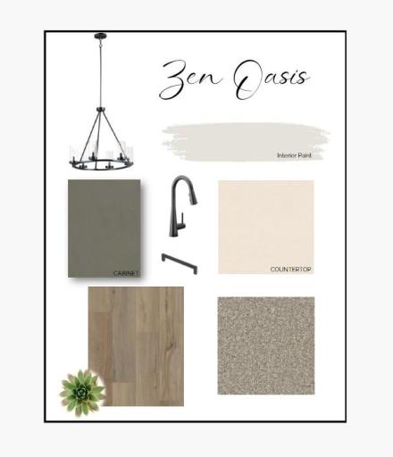 This beautiful interior design package has been handcrafted by our interior decorators with all the freshest new features. Our Zen Oasis has contemporary gray cabinets with stylish black finishes.