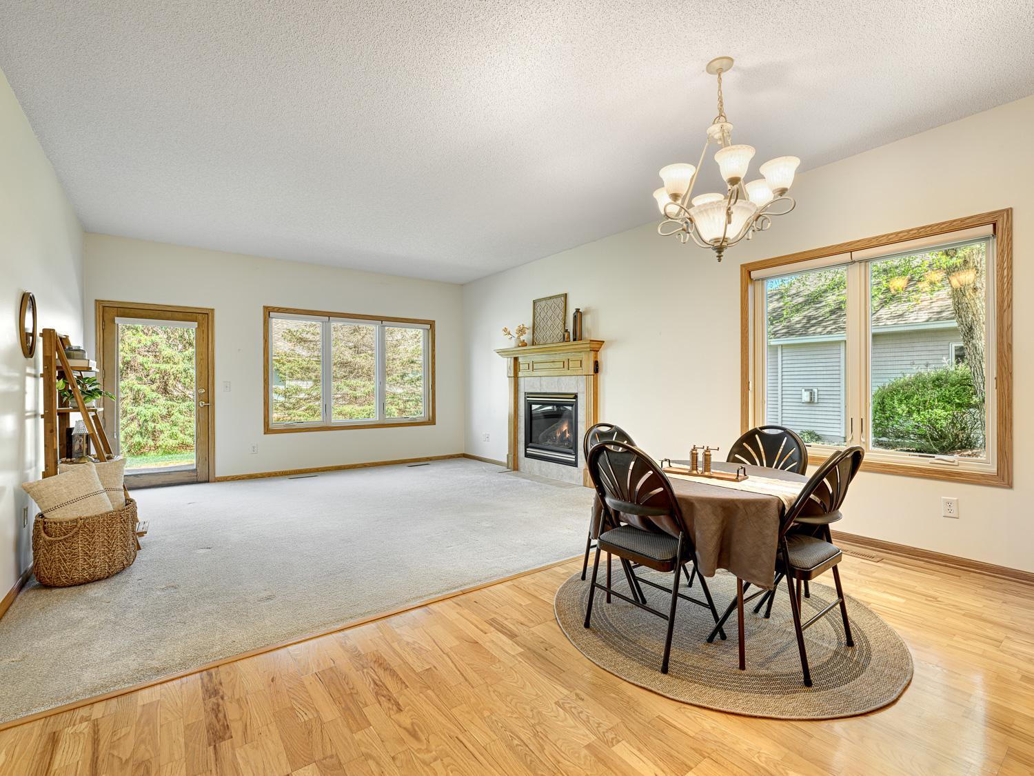 The dining area can easily accommodate a larger table, making it perfect for formal meals and gatherings.