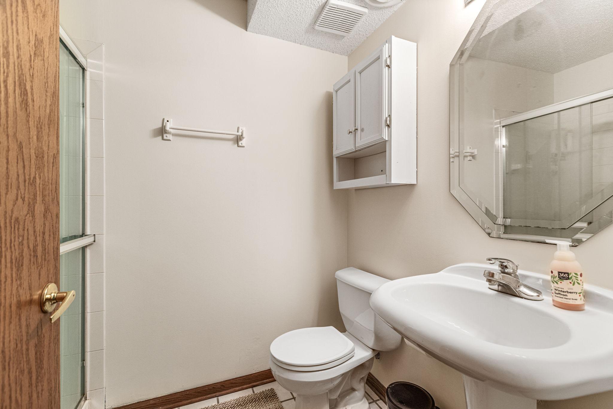 Lower level bathroom with pedestal sink and shower