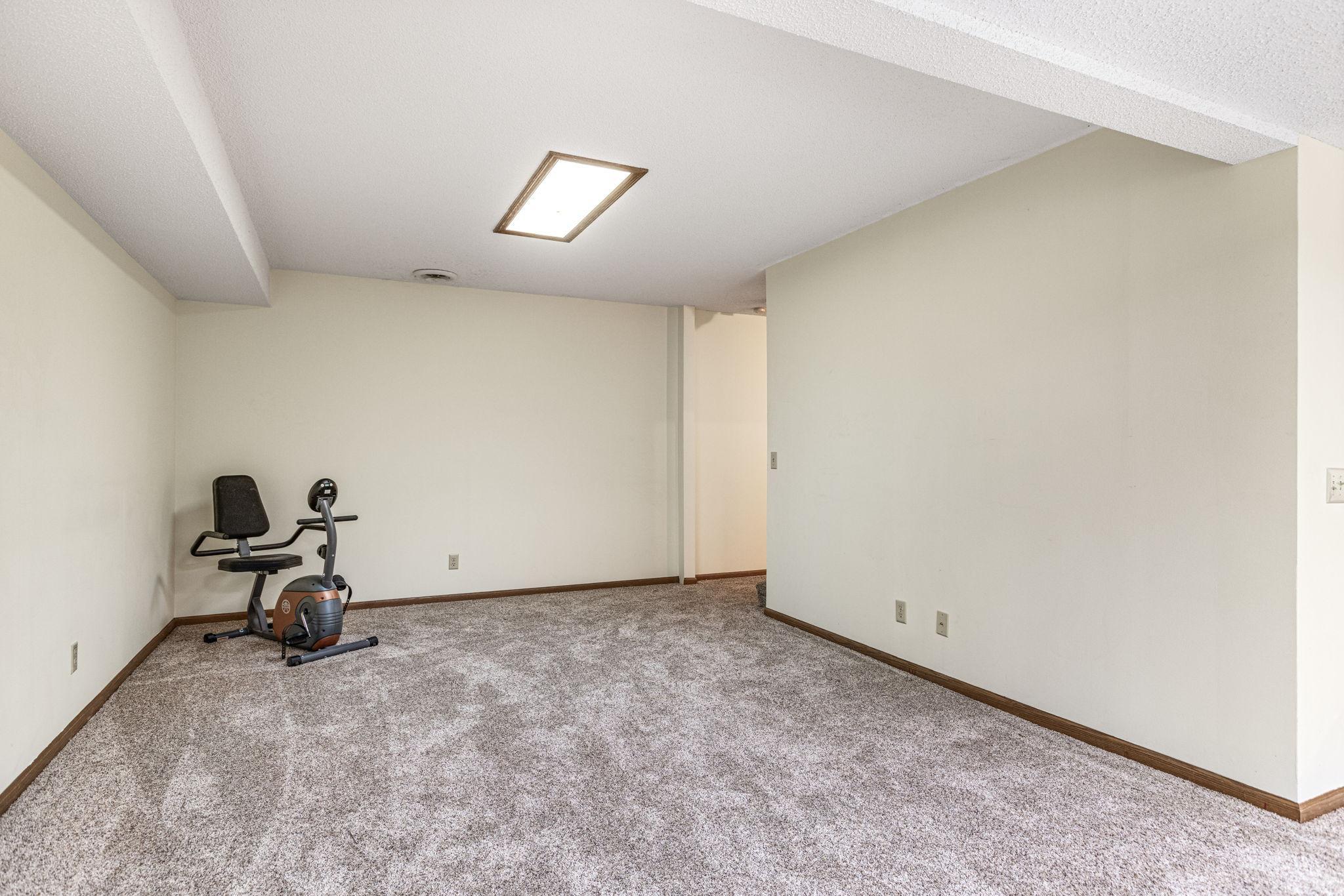Lower level open room with newer plush carpet, flexible use space