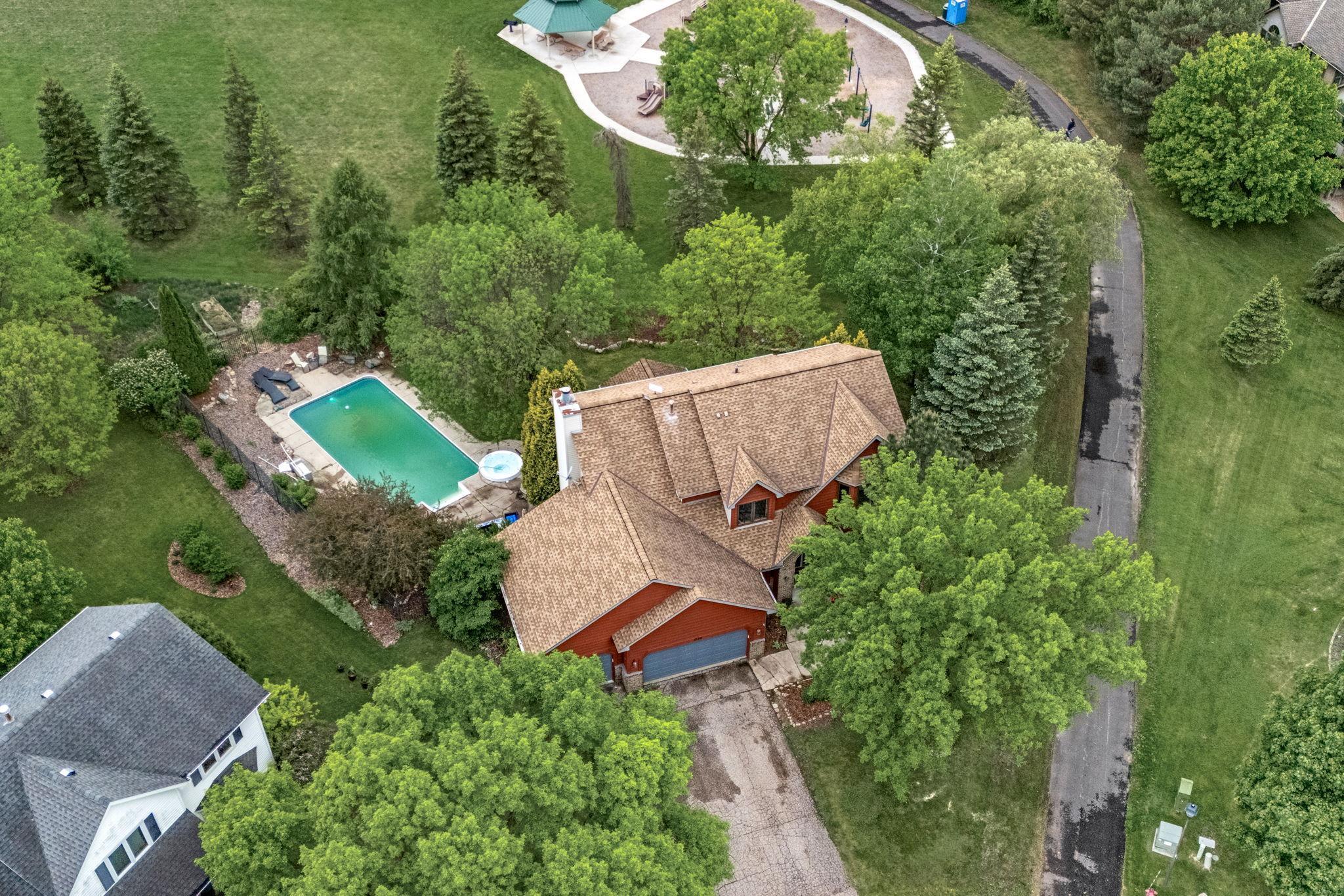Areal view of home and pool.
