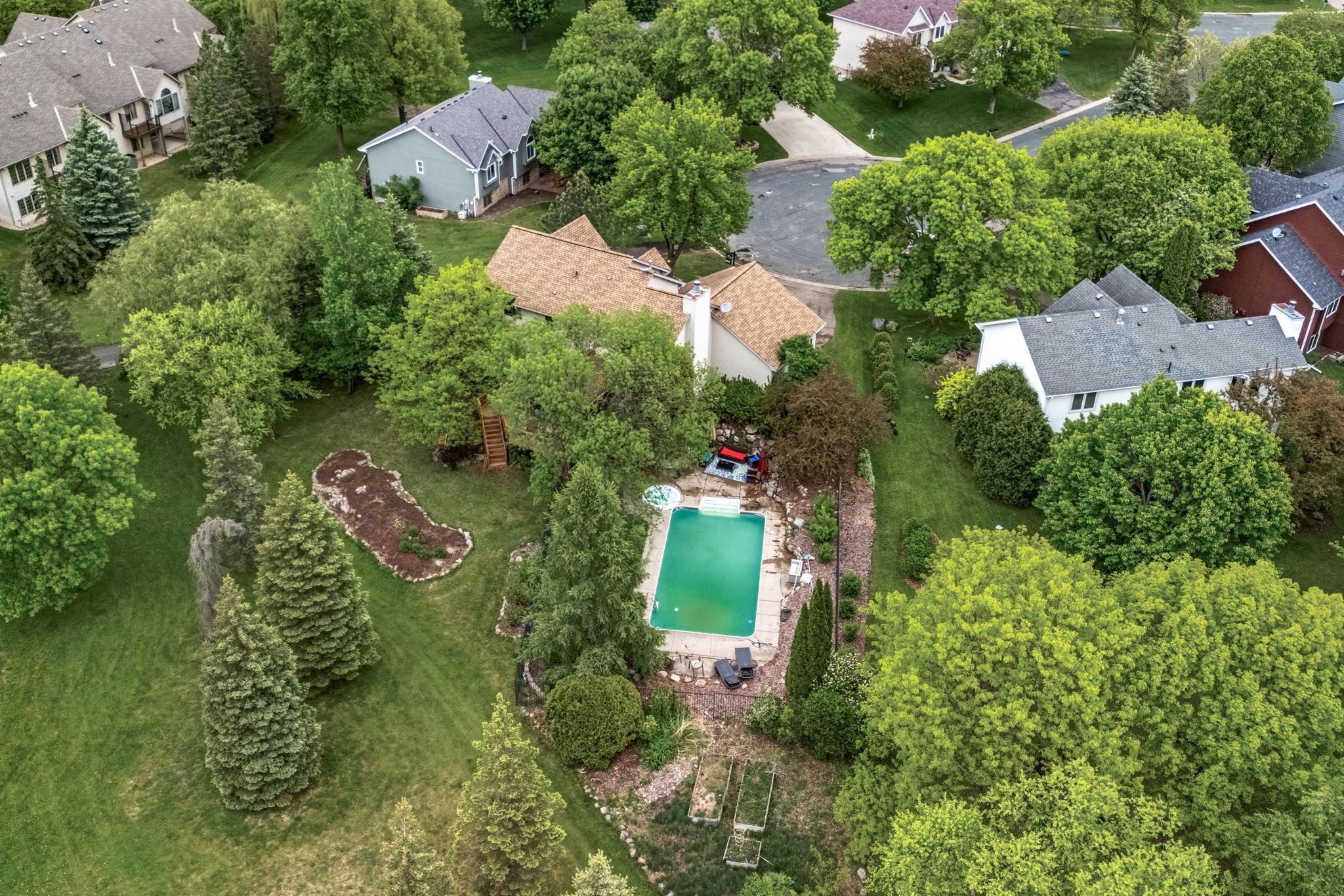 Areal view of backyard and pool area