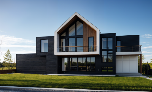 Rear Elevation - Showcasing the vaulted primary suite with dramatic floor-to-ceiling windows and a private balcony.