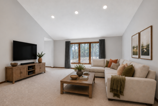 Large living room with vaulted ceilings. Virtually staged.