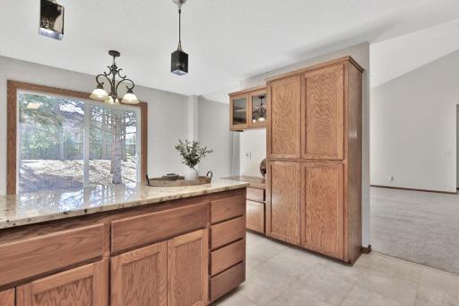 Granite countertops and a large pantry cabinet!